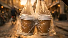 Så slipper du spill med take away-kaffe: vrid plastpåsen och skapa två stabila fickor