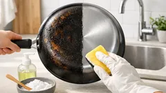 Så får du bort fastbränt fett på stekpannans undersida med bikarbonat och diskmedel